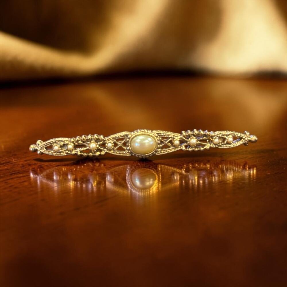 Edwardian Revival Gold Filigree Bar Brooch Faux Pearl Romantic Antique Jewelry